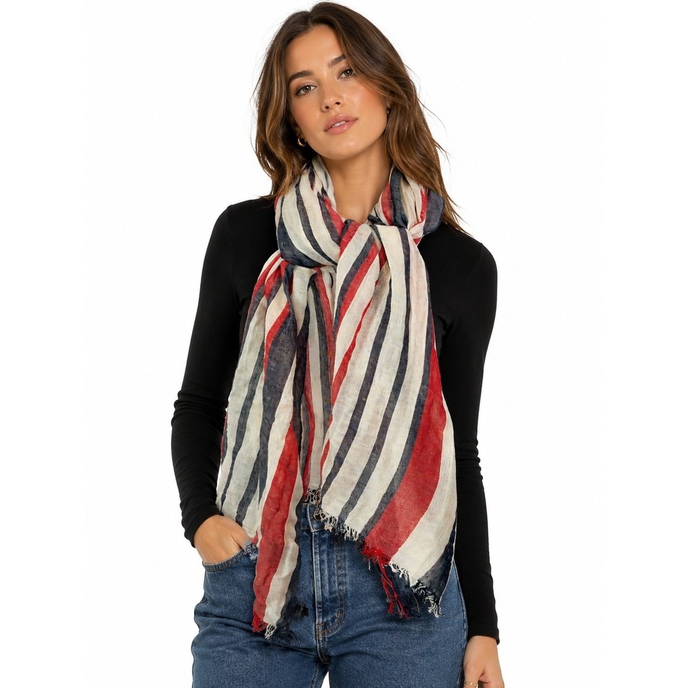 Calvin Klein Scarf Womens Red White Blue Striped Fringe Wrap Made in Italy